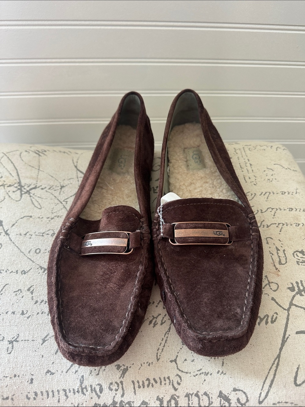 UGG Chocolate Brown Suede Penny Loafers with Shearling size 10